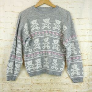 VTG 80s Adele Sweater Womens L Gray Pink Teddy Bears Floral Kidcore Kawaii USA
